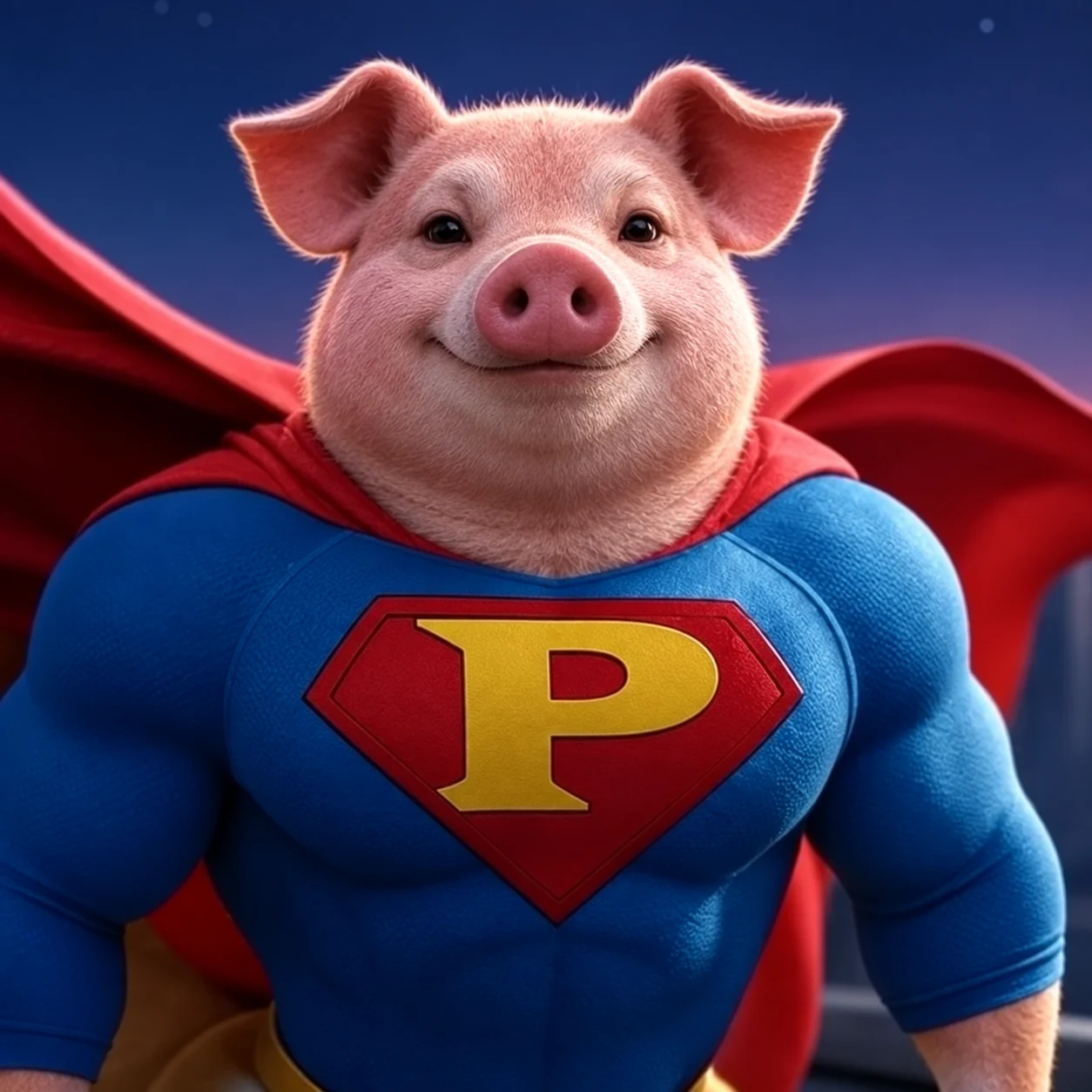 Super Pig in his blue suit and red cape, with a golden P on his chest
